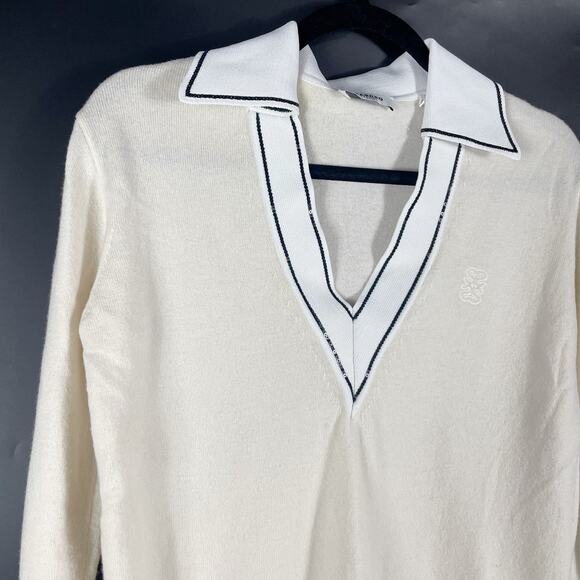 Sandro Alizia Sweater Ivory Sequin Edging Wool Cashmere V-Neck Collared Sz 0 - Picture 7 of 13